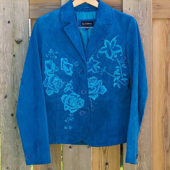 STUNNING FLORAL BLUE SUEDE Le Chateau Women's Size Small Embroidered - Picture 1 of 6